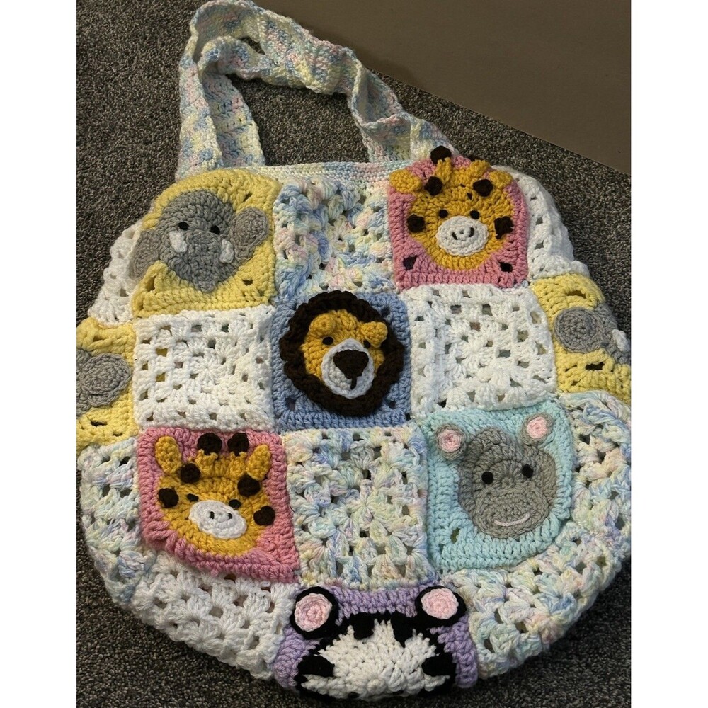 Hand Crocheted Granny Square Shoulder Tote Baby Bag Animal Faces Multicolored